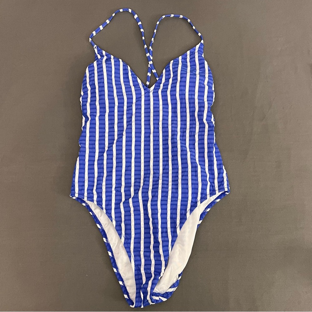 J Crew Blue & White Striped Women’s One Piece W/ Pull String Bathing Suit Size 8